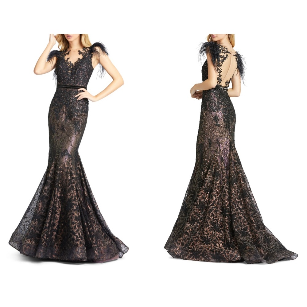 MAC DUGGAL Embellished Feather Cap Sleeve Illusion Neck Trumpet Wedding Gown